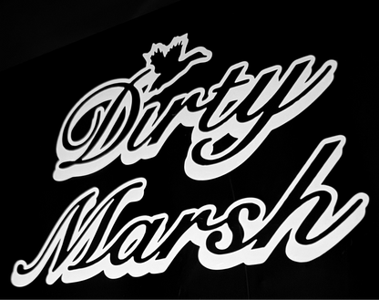 White 'Dirty Marsh' logo on a black background