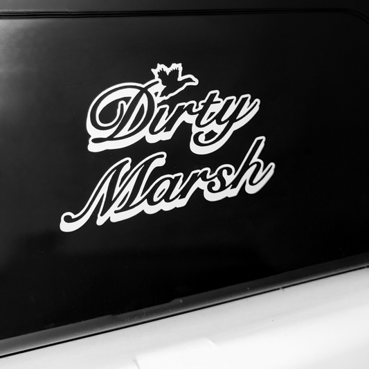 Black car with 'Dirty Marsh' decal on a white background