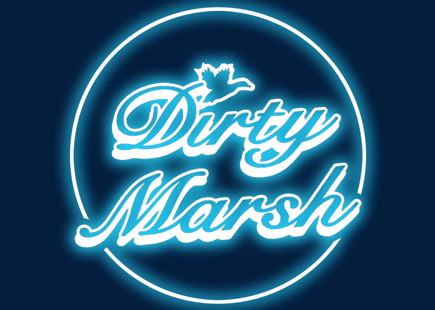 Neon sign with 'Dirty Marsh' text on a dark background